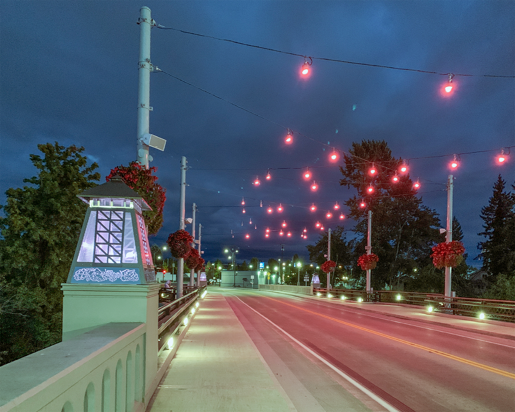 bridge lit with festive pink lights